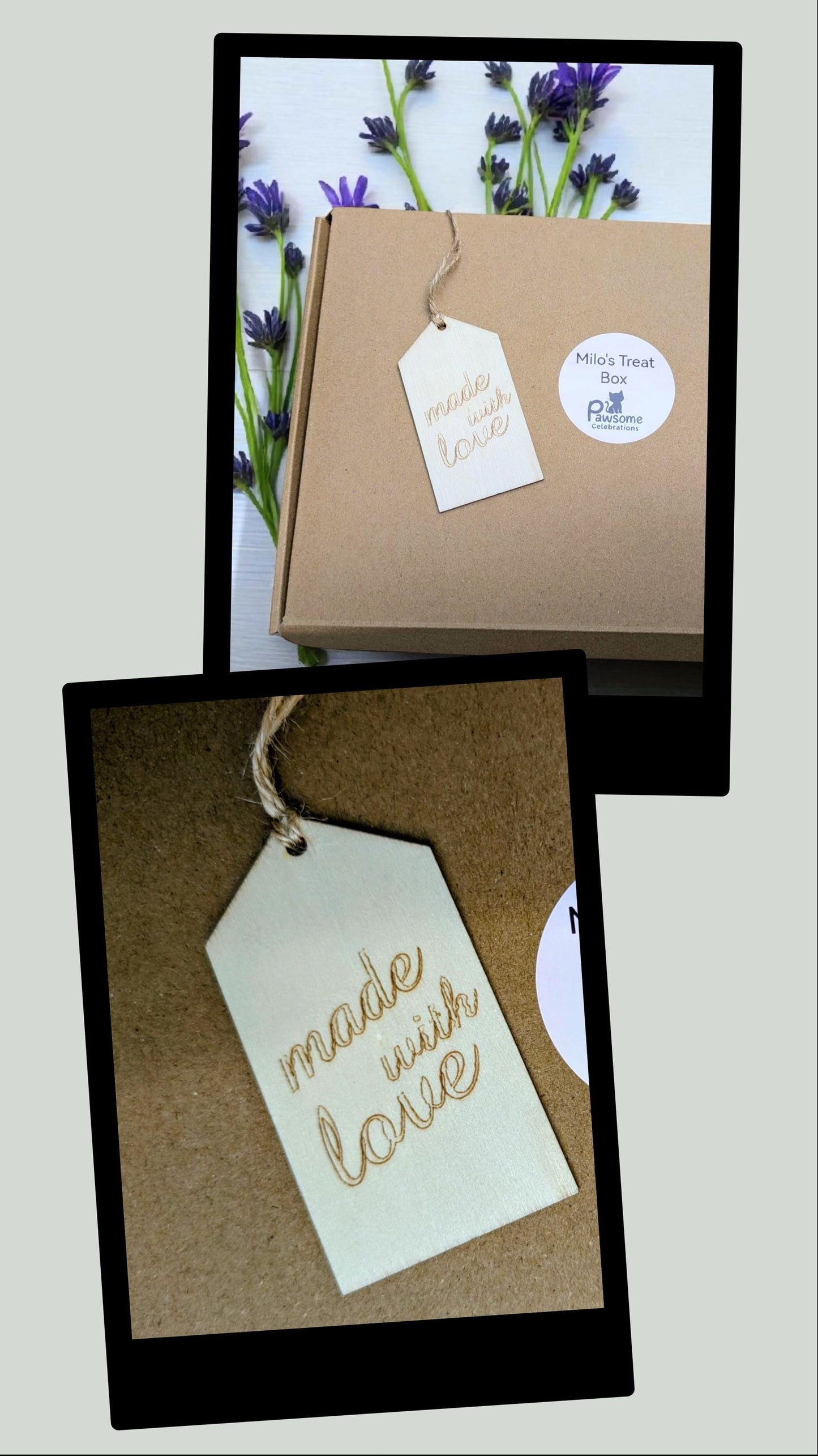 Brown kraft box with white tag reading "made with love," decorated with sprigs of purple flowers.