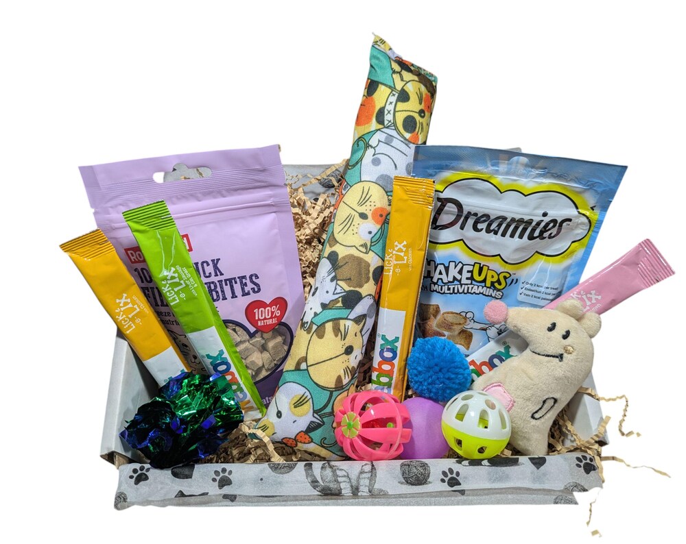 Gift box containing assorted cat treats, colorful toys, and a plush mouse toy in a paw-printed tray.