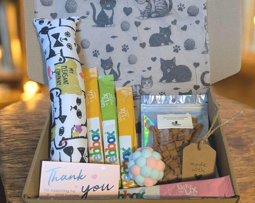 Open cardboard box with grey cat-patterned liner, plush catnip mouse toy, colorful cat treat sticks, pastel pom-pom ball,.