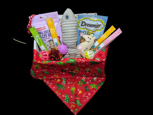 Large festive red cat hamper with Christmas patterns filled with cat treats and toys including a fish-shaped toy and.