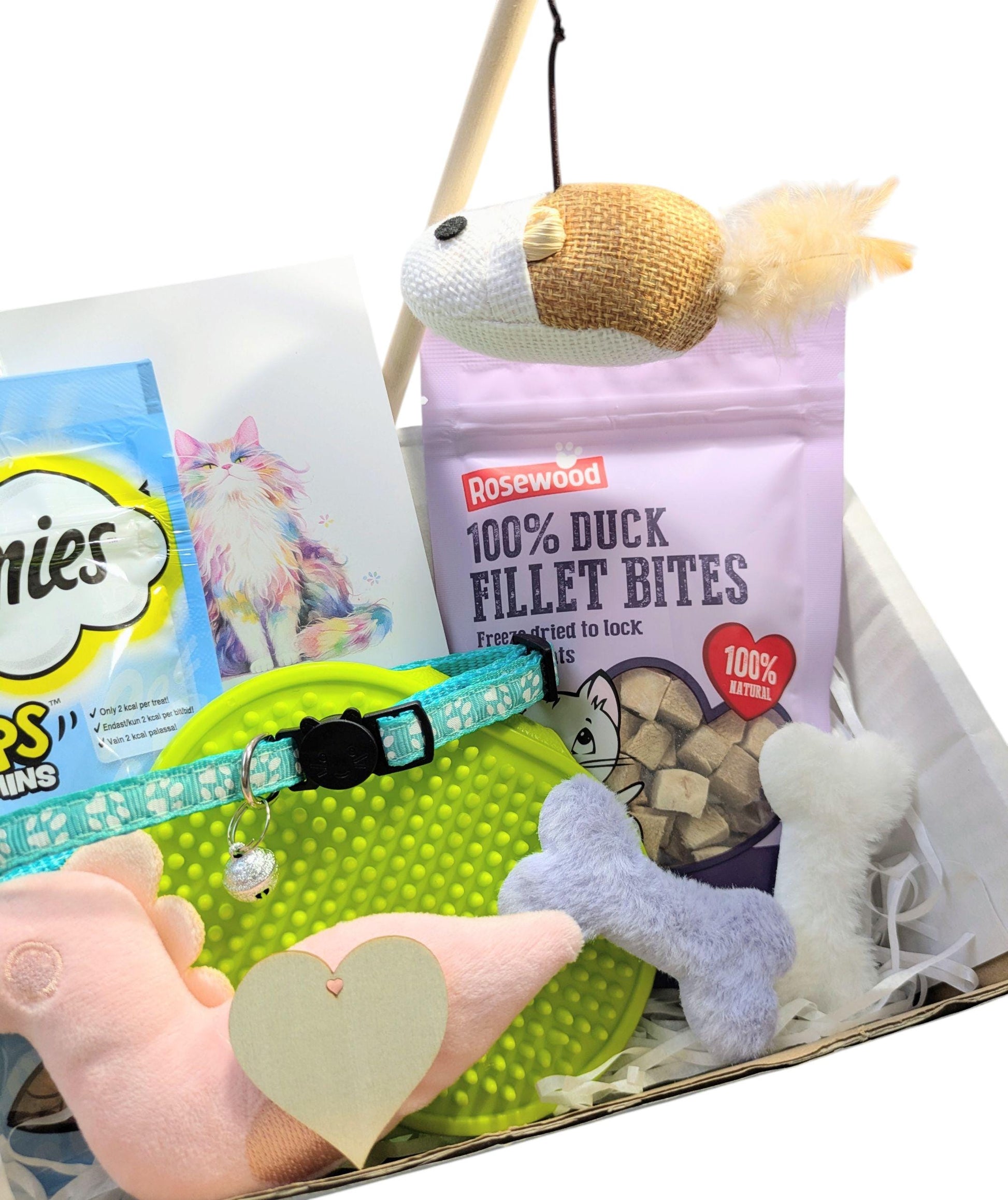 Green polka dot cat collar with black buckle, pink plush mouse toy, grey plush bone toy, bag of duck fillet bites, and.