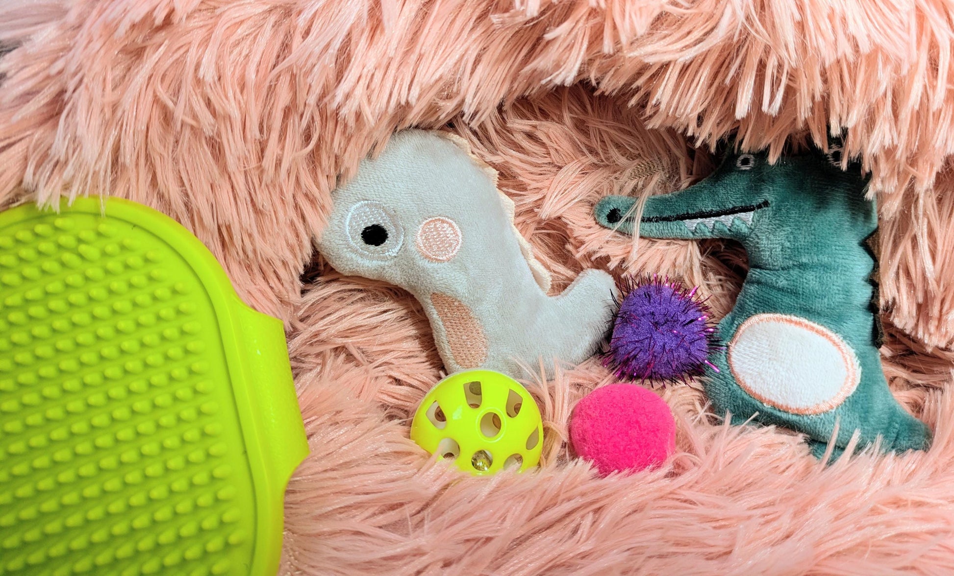 Grey plush cat bed with textured green grooming glove, dinosaur and bird soft toys, yellow ball, and pink pom-poms.