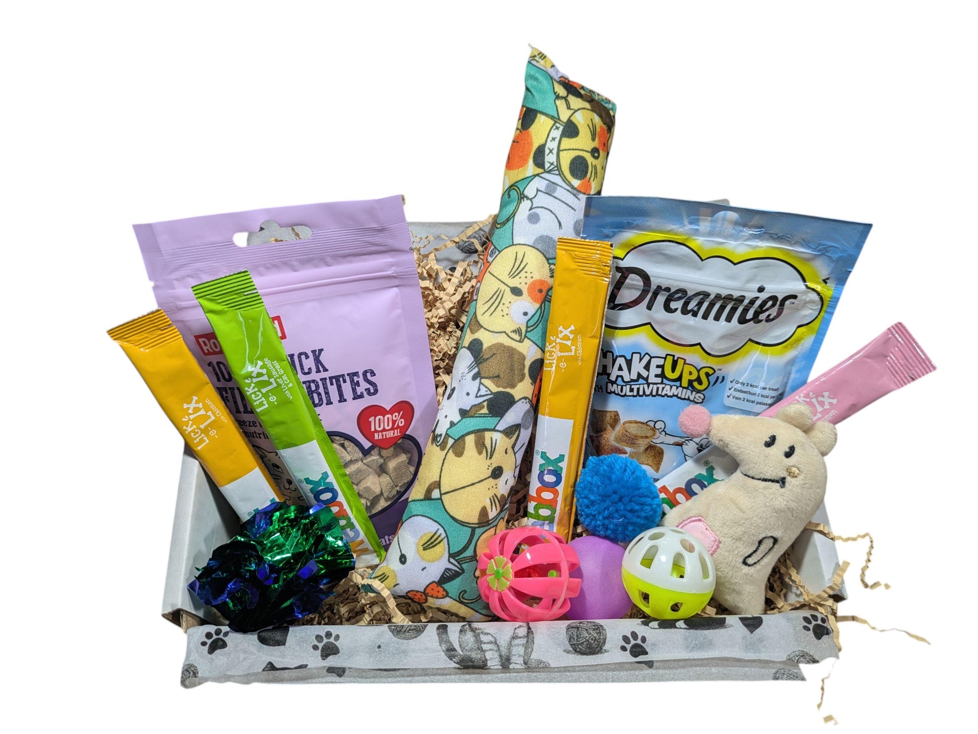 Gift box with colorful catnip pillow, assorted cat treats, toys, and plush mouse on shredded paper filling.