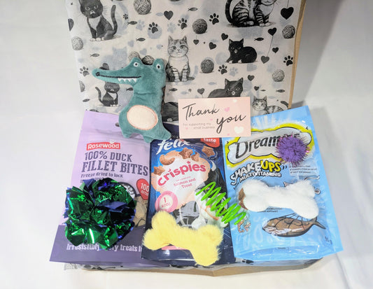 Open cat treat box with assorted colourful treats, toys, and thank you card on patterned background.