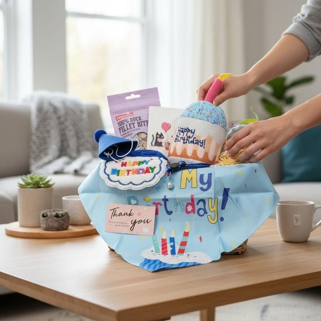 Handmade cat birthday gift box with toys, treats, and colorful Happy Birthday hat on blue cloth.