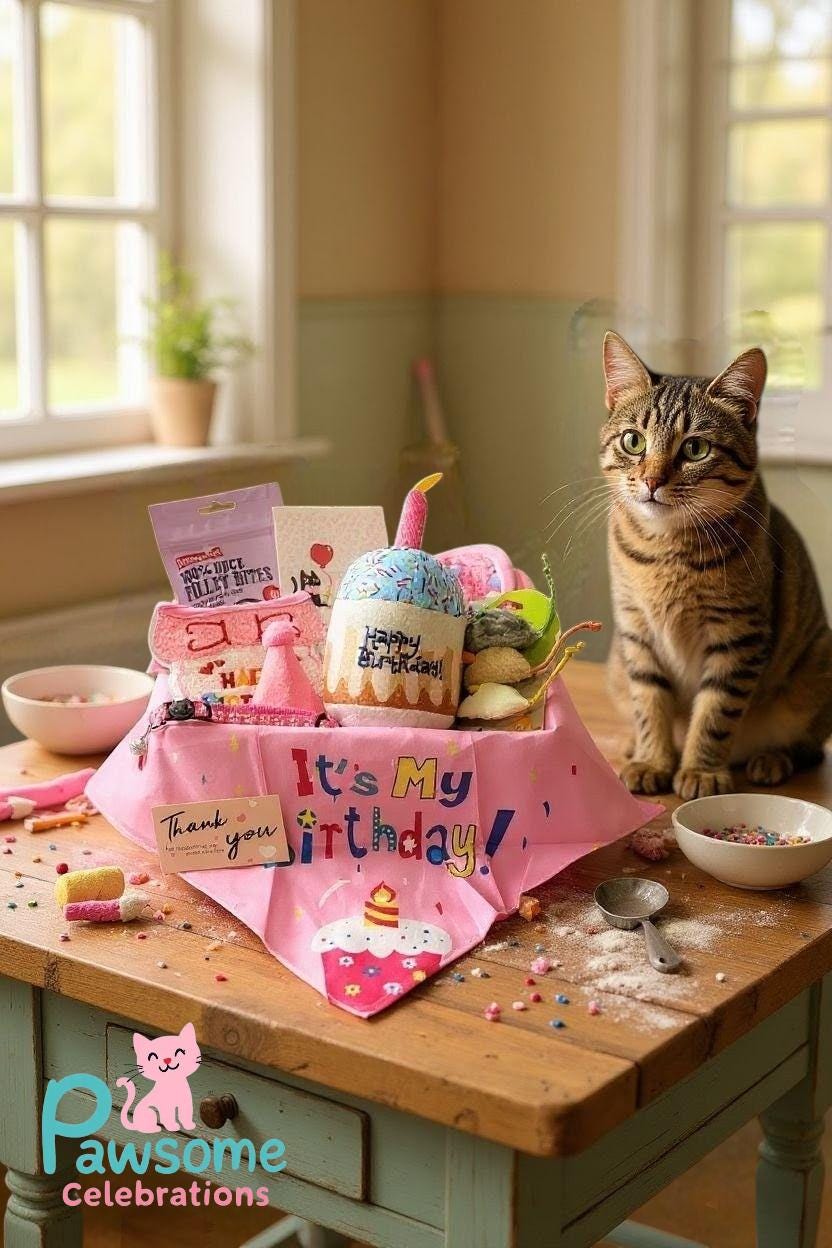 Pink birthday-themed cat hamper with toys and treats, personalized bandana, and tabby cat on wooden table.