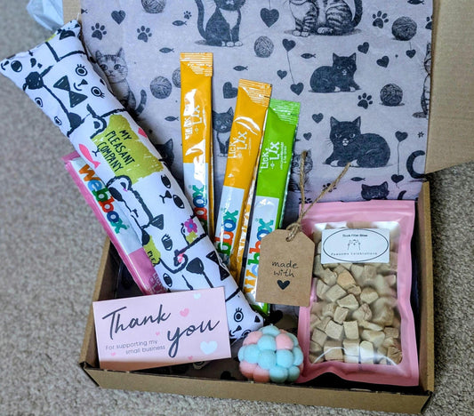 Cat treat box with catnip kicker toy, assorted cat snacks, thank you card, and cat-patterned fleece blanket.