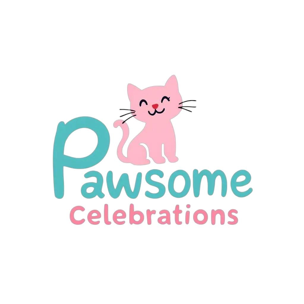 Pink smiling cartoon cat sitting above teal and pink text reading 'Pawsome Celebrations' on white background.