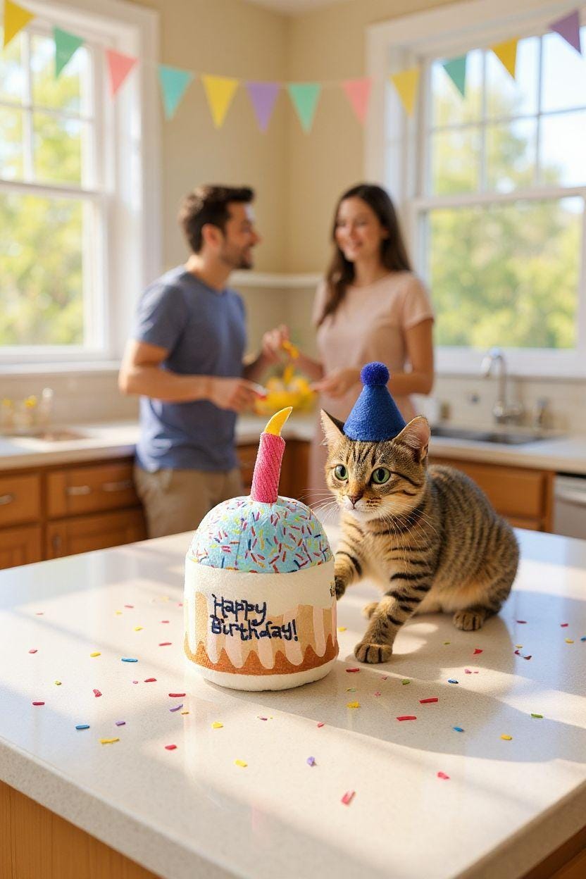 Tabby cat wearing a blue party hat next to a birthday cake with colorful sprinkles on kitchen counter decorated with.
