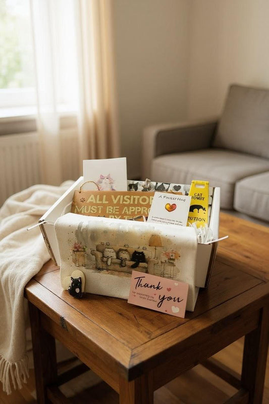 Personalised cat mum gift set in clear box with cat-themed candle, card, and treats on wooden table.