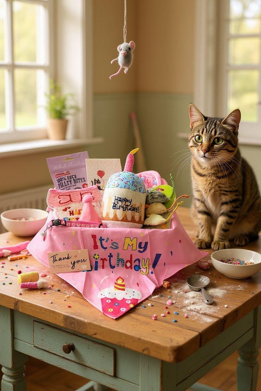 Luxury pink cat birthday gift box with treats, toys, and "It's My Birthday" bandana next to tabby cat on wooden table.
