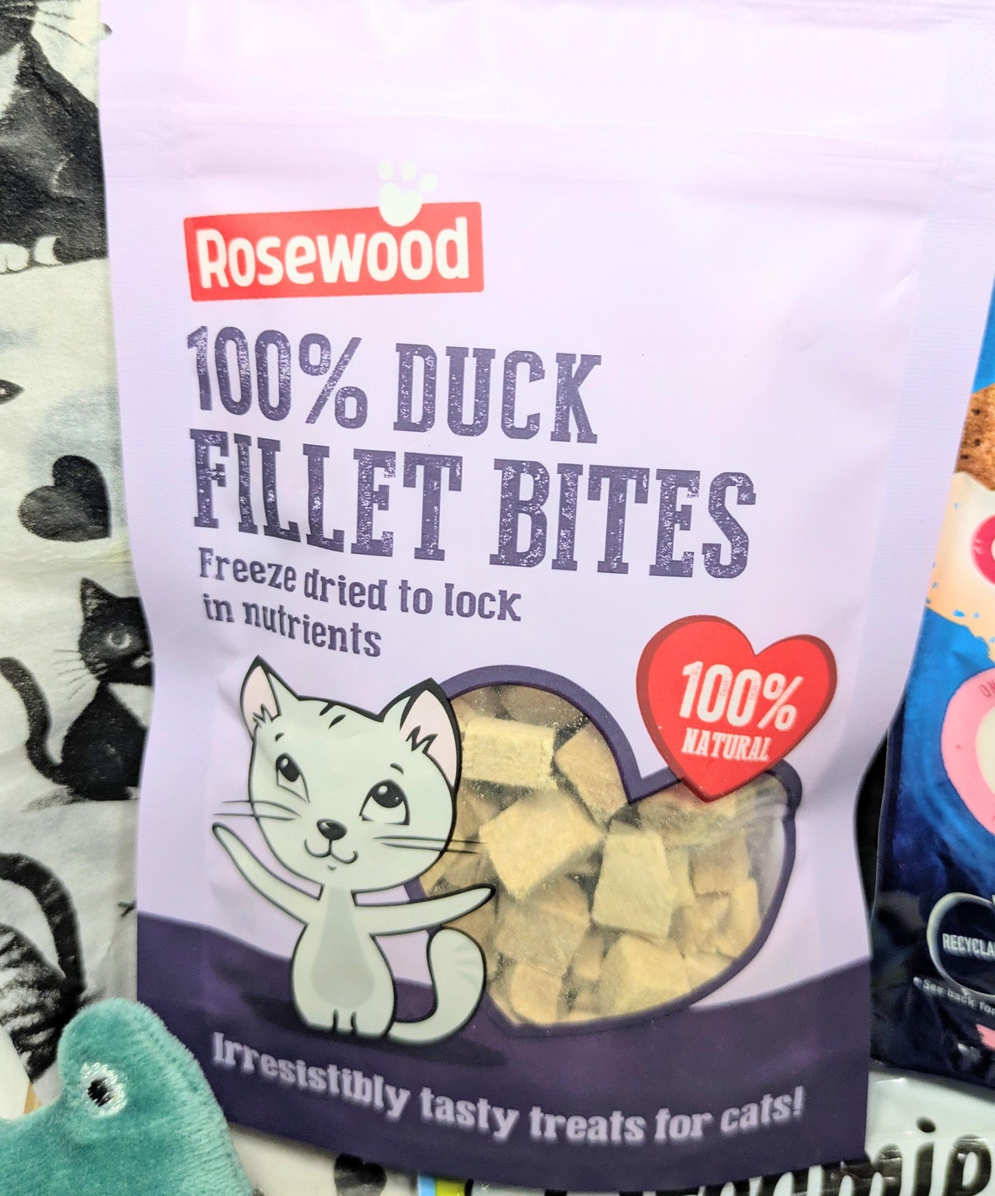 Rosewood 100% Duck Fillet Bites cat treats bag with cartoon cat and freeze-dried bites visible through clear window.