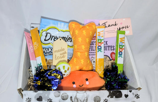Personalised cat gift box with orange plush bone toy, smiley crab plush, treats, and catnip in paw-print basket.