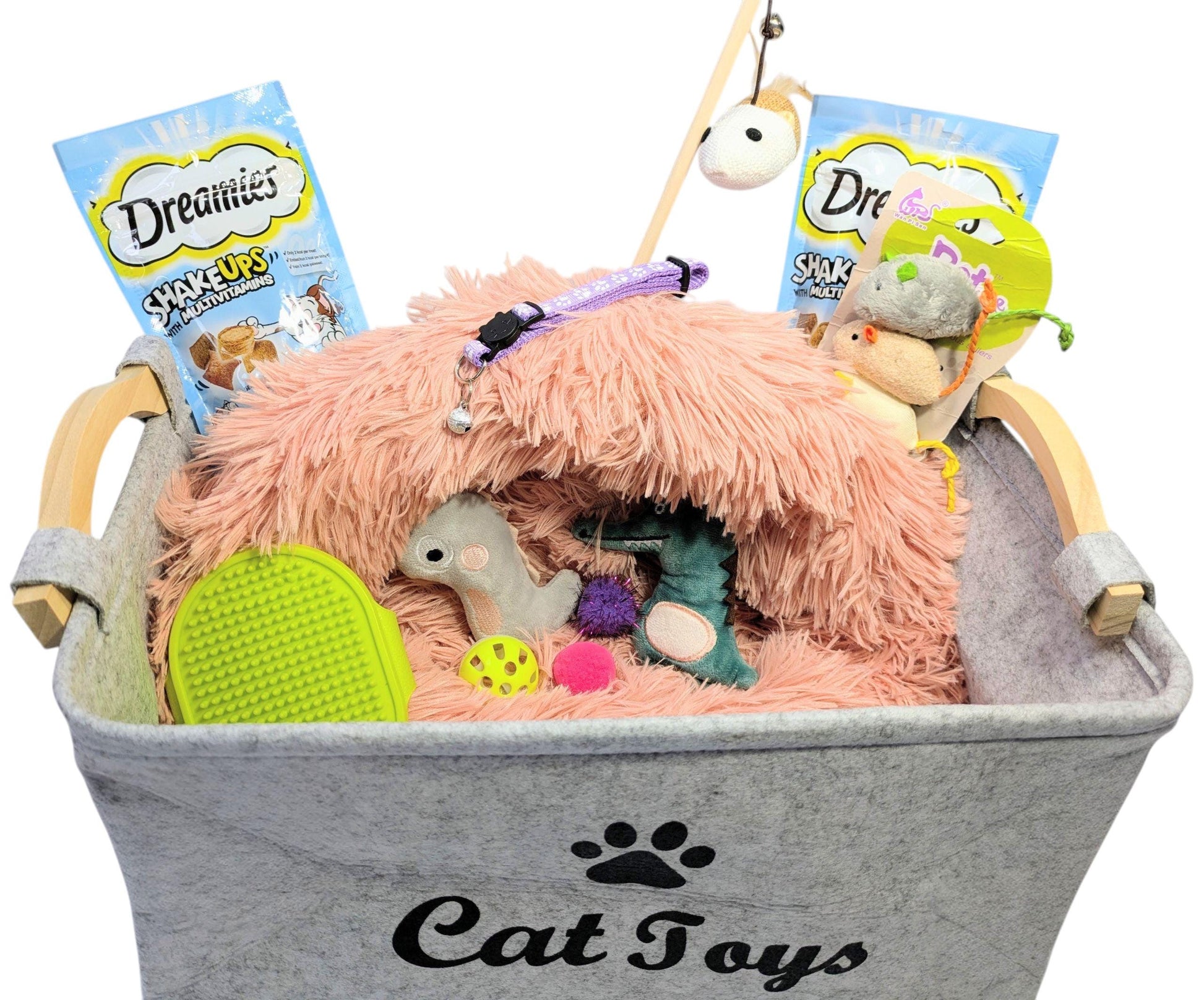 Gray felt cat toy storage box with paw print, containing pink fuzzy cat bed, fishing rod toy, mouse toys, and cat treat.