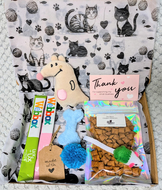 Decorative gift box with cat-themed wrapping, plush mouse toy, two Webbox cat treats, and a thank you card.