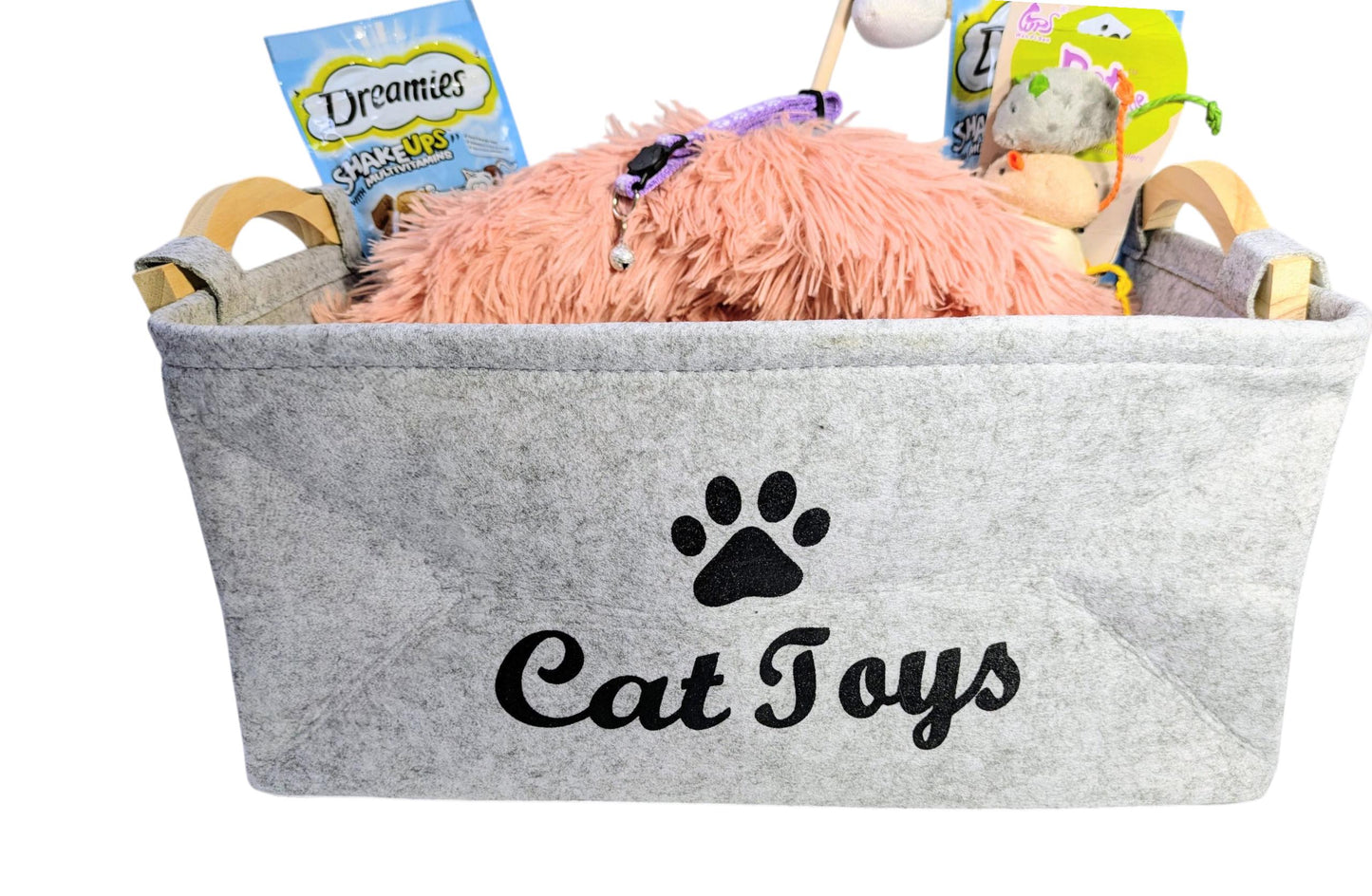 Grey felt cat toy box with black paw print and "Cat Toys" lettering, filled with assorted cat toys including a pink fluffy.