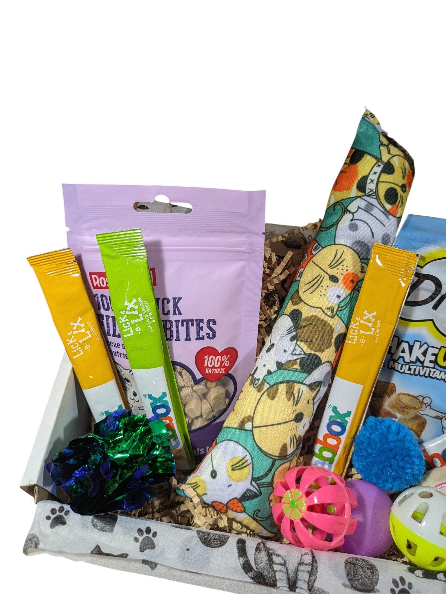 Personalised cat treat hamper with catnip pillow, colorful toys, and assorted treat packs in a gift box.