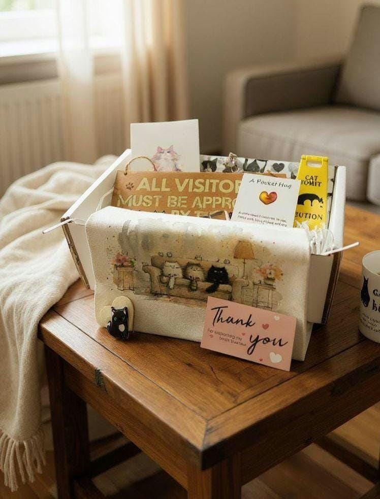 Fabric storage basket with vintage cat figurines, thank you card, and cat-themed postcards on wooden table.