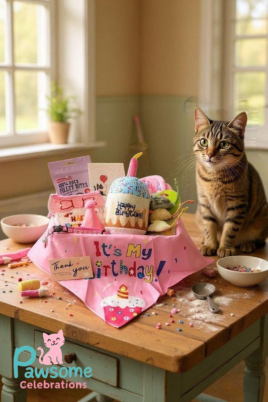 Pink cat birthday gift box with toys, treats, and a "It's My Birthday" bandana on wooden table with tabby cat nearby.