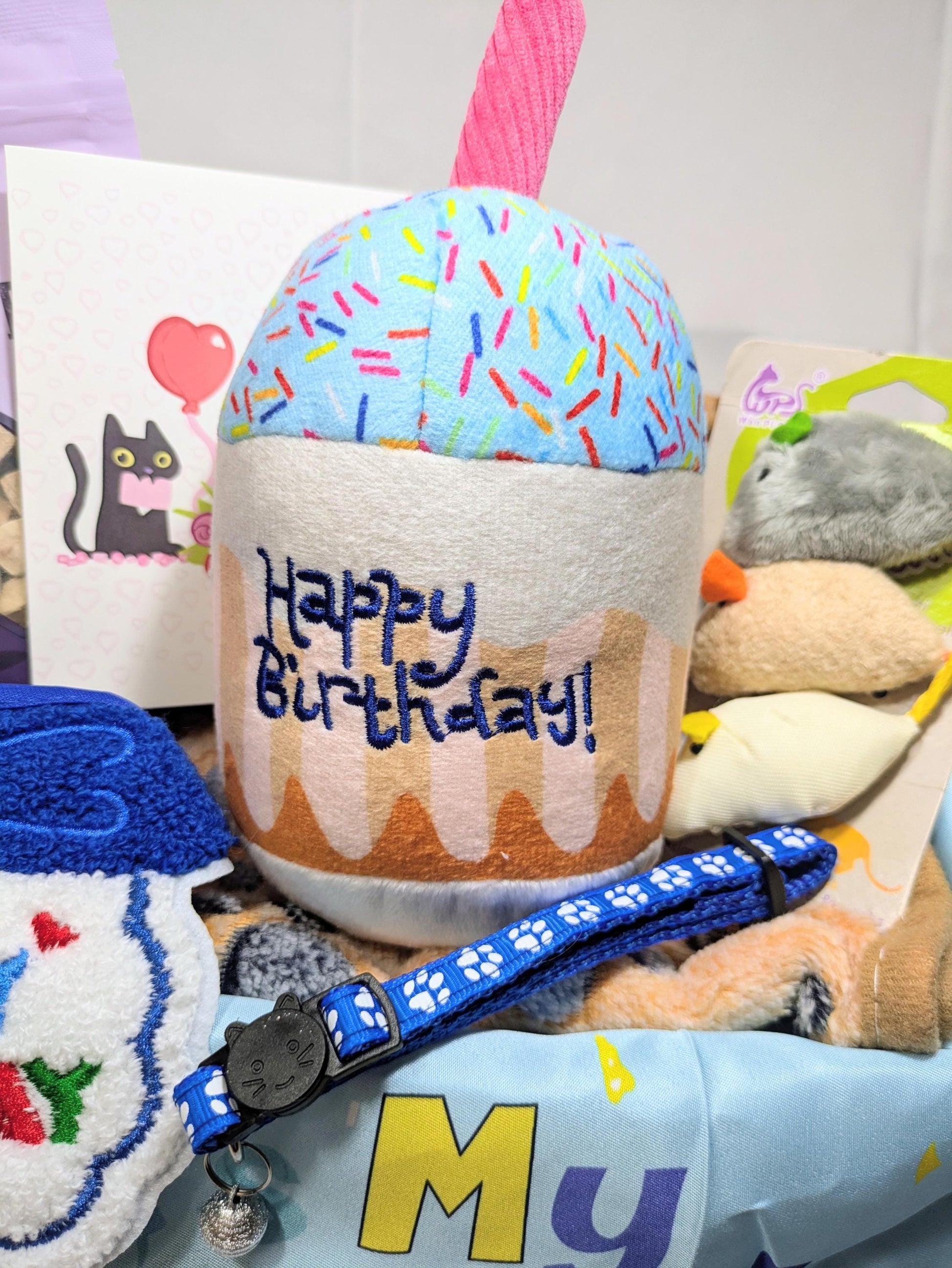 Handmade cat birthday gift box with cupcake treat, blue collar, toys, and colorful confetti design.