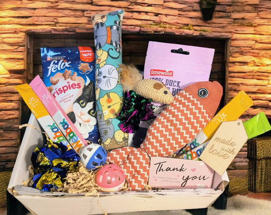Wooden tray with assorted cat treats and toys, including a pink fish-shaped toy, catnip mouse, crispy treats in colorful.